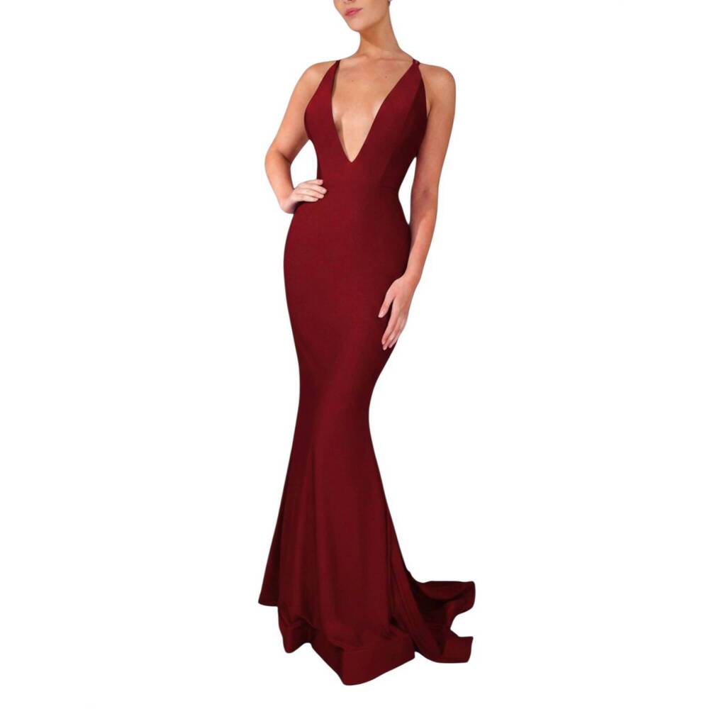 NEW CLARISSE plunging v-neck jersey prom gown in deep red